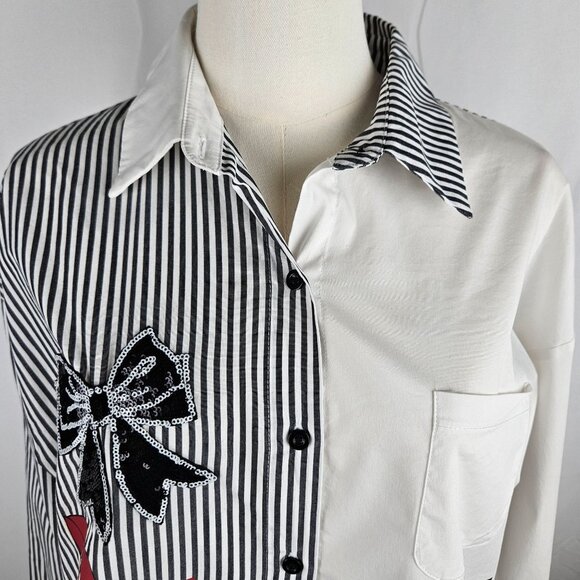 Frank Lyman Design Collection Shirt Medium Striped Woman Illustration Artsy B&W - Picture 3 of 12